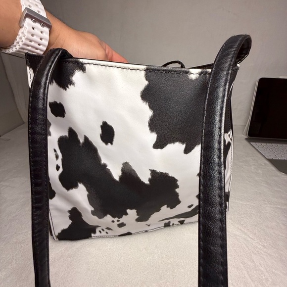 Cowprint Black and White Tote Bag with a Red Interior - Picture 4 of 7